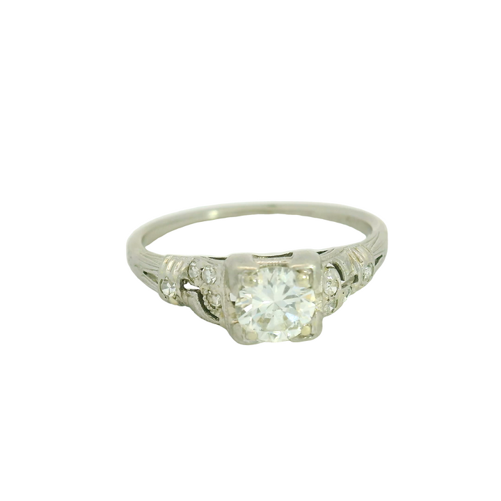 Platinum White Gold Estate Art Deco Engagement Ring Total diamond weight for ring measures 0.65 ctw.