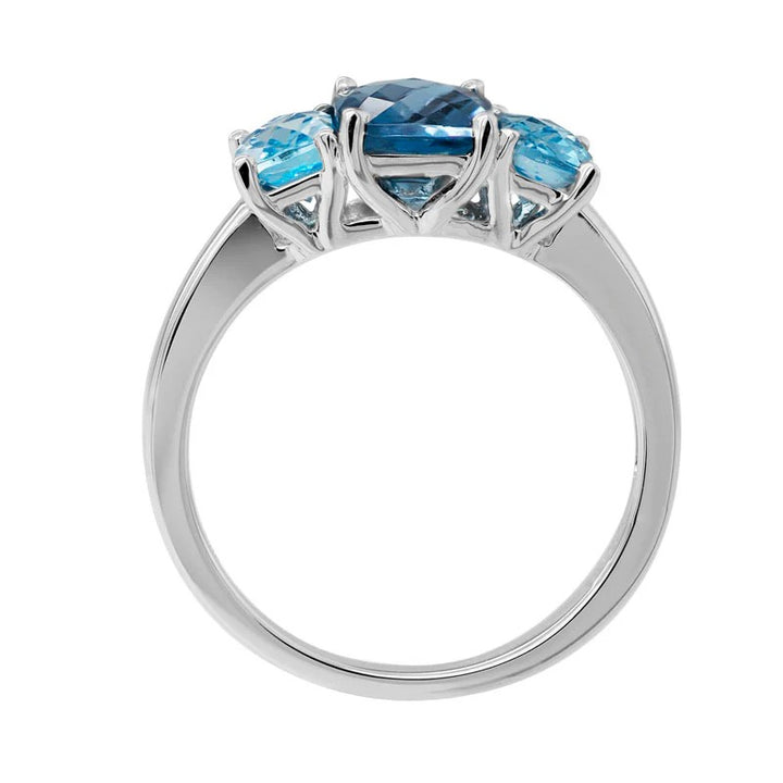 14K White Gold Three Stone Gemstone Ring set with 1 Cushion London Blue Topaz, 1.50 ct and 2 Cushion Sky Blue Topazes, 2.00 ctw