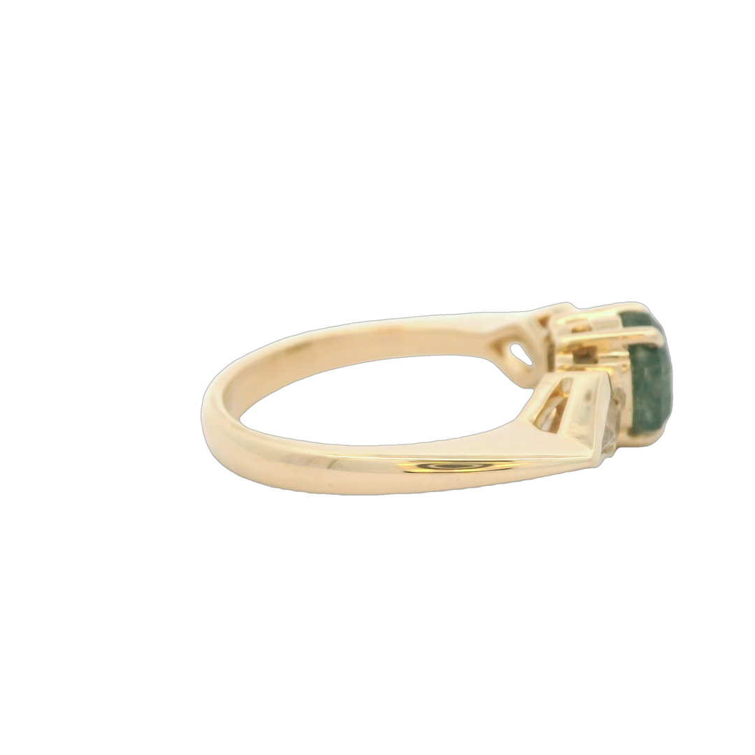 14K Yellow Gold Side Stone Gemstone Ring set with 1 Moss Agate, 0.87 ctw., and 2 kite shaped Moonstones, 0.32 ctw.,  total stone weight measures 1.19 ctw..