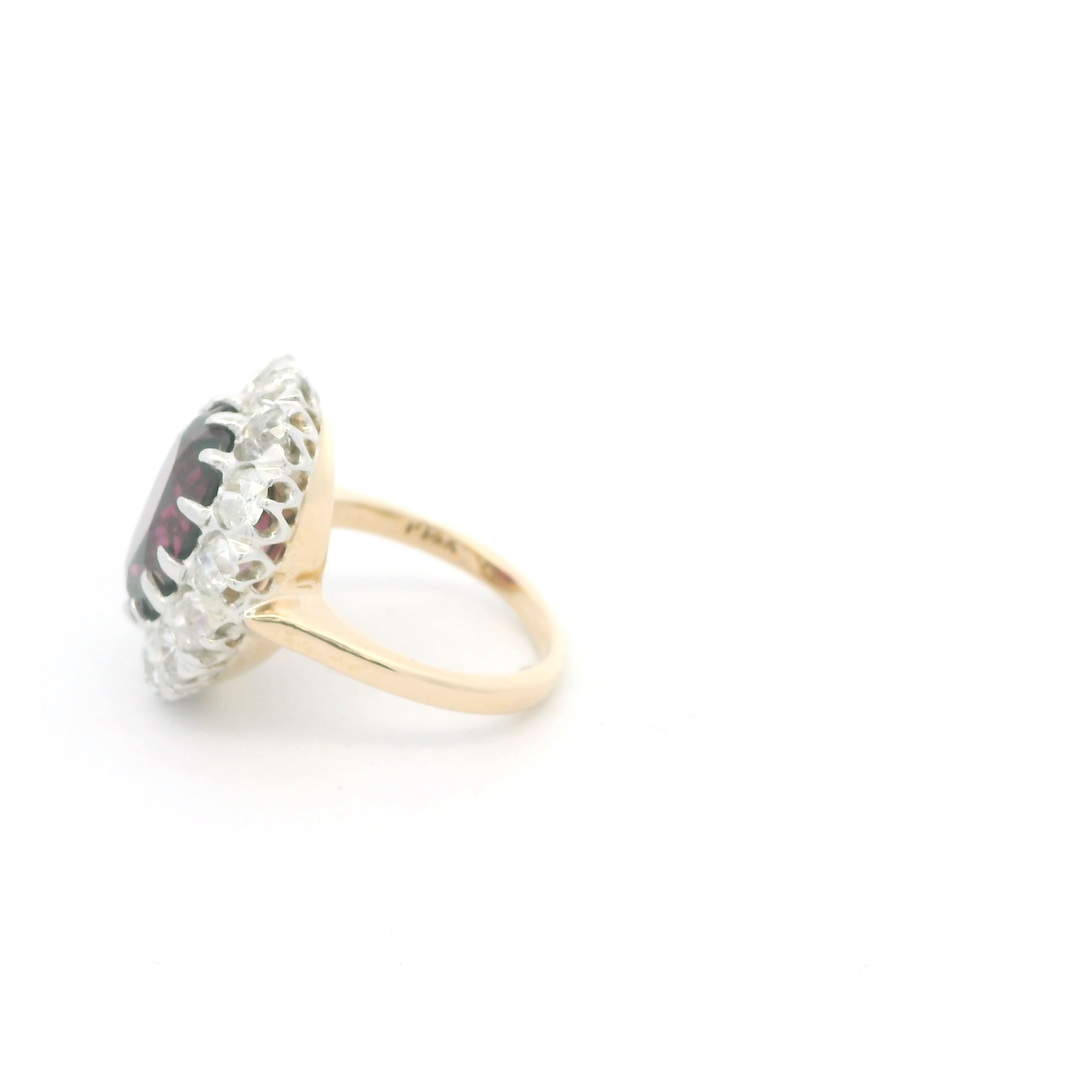 Estate 14K Yellow Gold Halo Ring with 1 Oval Garnet, 6.24 ct and 14 Old European Cut Diamonds, 2.00 ctw