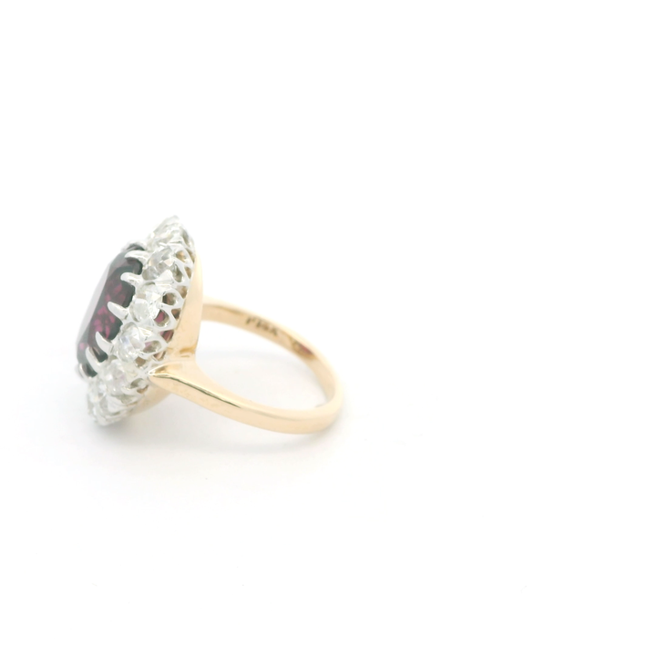 Estate 14K Yellow Gold Halo Ring with 1 Oval Garnet, 6.24 ct and 14 Old European Cut Diamonds, 2.00 ctw