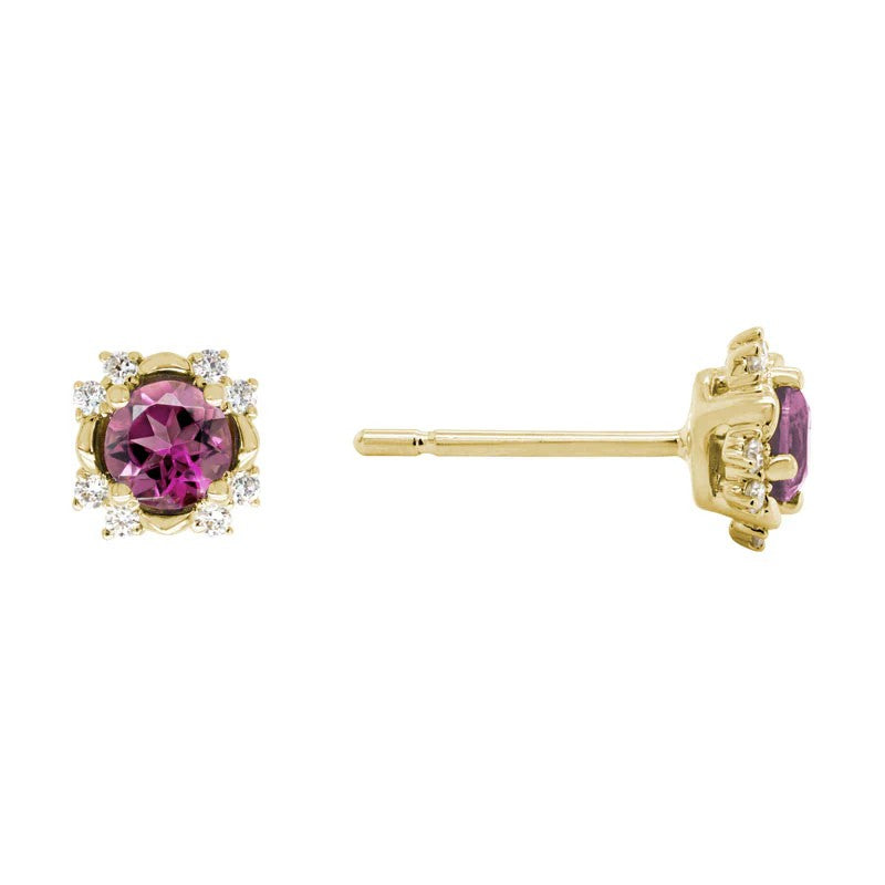 14K Yellow Gold Stud Earrings set with 2 Round Pink Tourmalines, 0.55 ctw and 16 Round Diamonds, 0.11 ctw