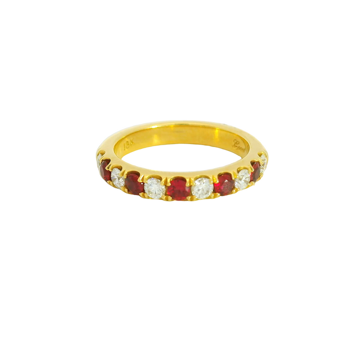 18K Yellow Gold Band Gemstone Ring set with 5 Rubies 0.35 ctw., and 5 G/H SI Diamonds 0.42 ctw,  total stone weight measures 0.77 ctw..