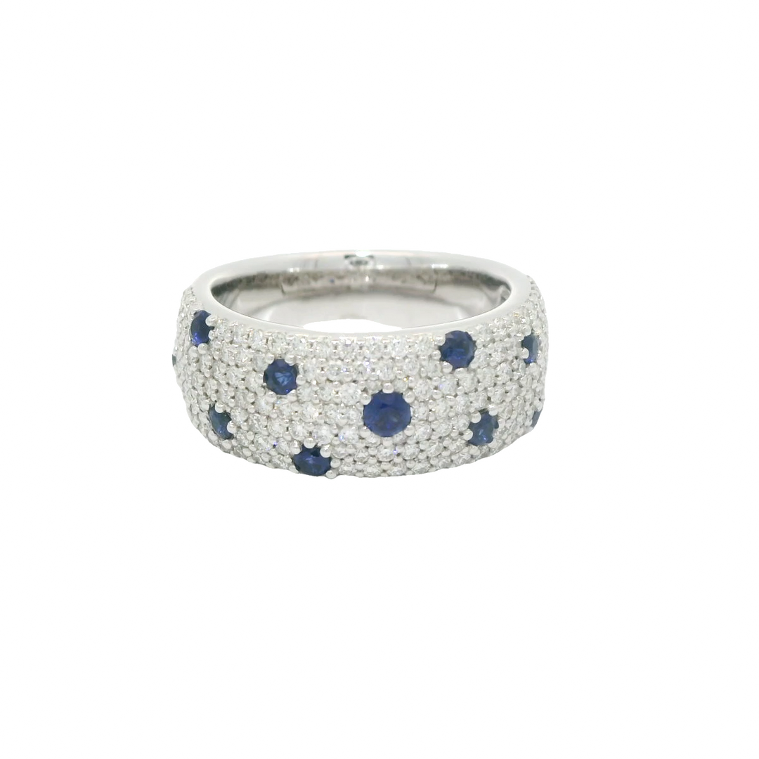 14K White Gold Gemstone Ring set with 11 Round Blue Sapphires, 0.51 ctw and 162 Round Diamonds, 0.98 ctw