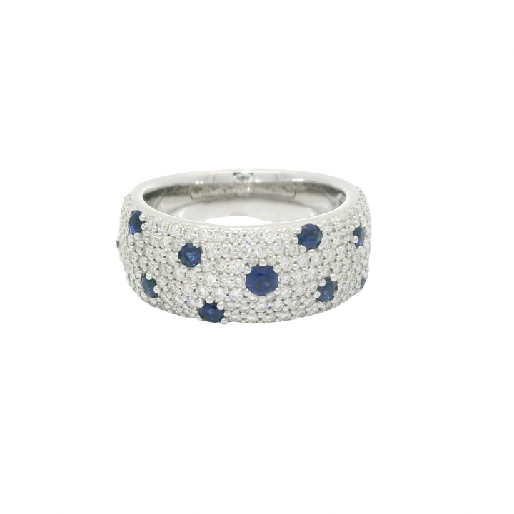 14K White Gold Gemstone Ring set with 11 Round Blue Sapphires, 0.51 ctw and 162 Round Diamonds, 0.98 ctw