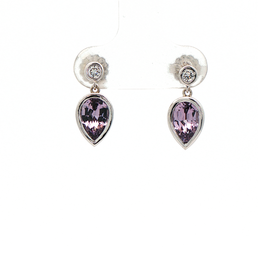 Marthaler Made 14K White Gold Drop Earrings set with 2 Pear Lavender Spinels (No Heat), 2.32 ctw and 2 Round Diamonds, 0.17 ctw (G/H, SI1 - SI2)