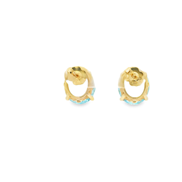 Estate 14K Yellow Gold Stud Earrings set with 2 Checkerboard Oval Blue Topaz, 12.00 ctw (estimated)