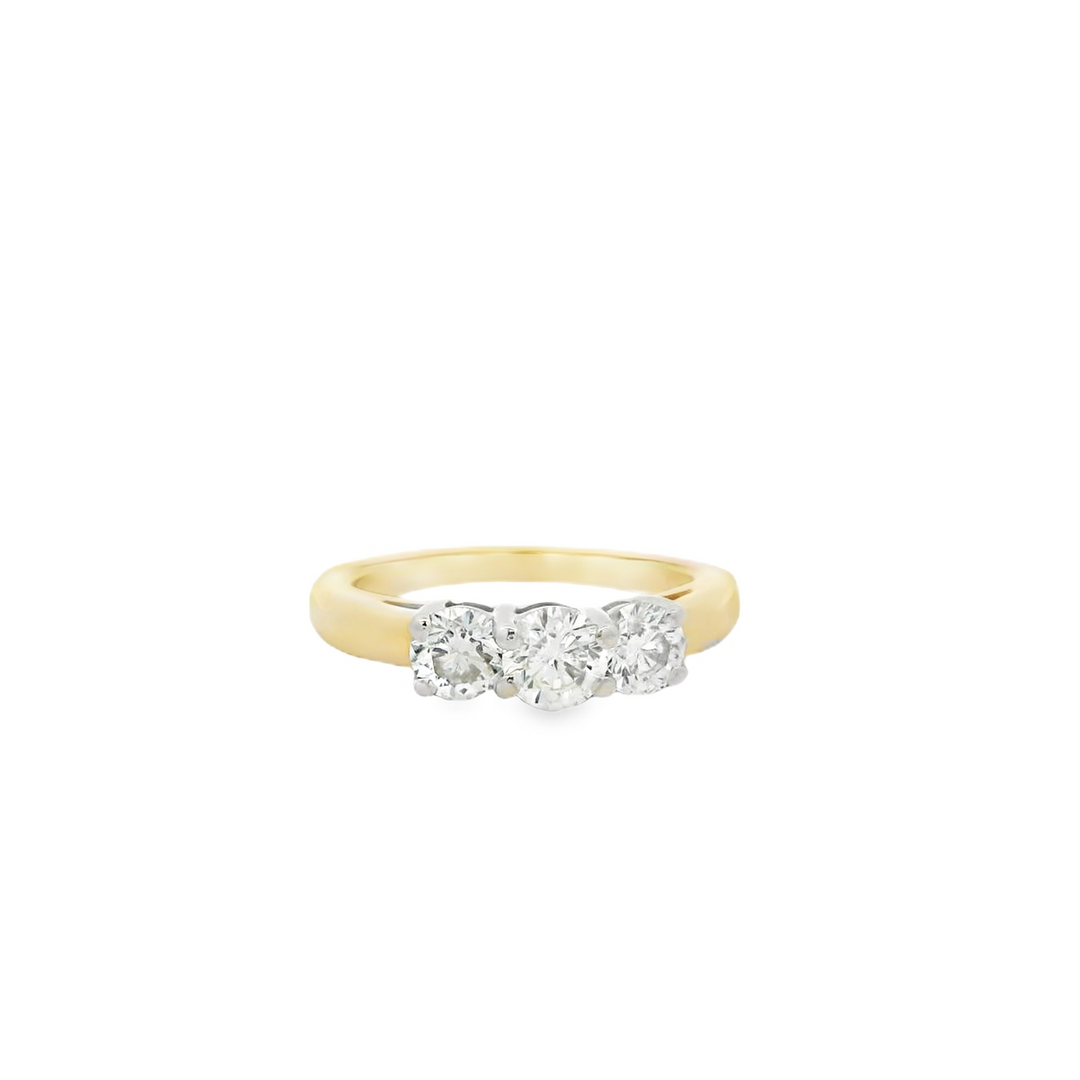 Estate 14K Yellow and White Gold Three Stone Engagement Ring set with 1 0.36 ct Round Diamond, I SI2, and 2 Round Diamonds, 0.50 ctw