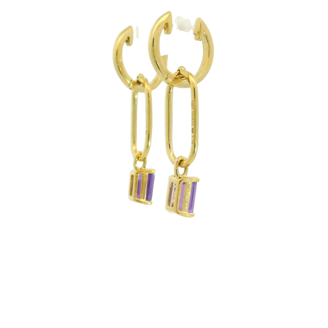 14K Yellow Gold Drop Earrings set with 2 Emerald Cut Amethysts, 1.16 ctw.