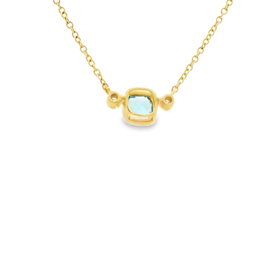 14K Yellow Gold Milgrain Bezel Pendant with 1 Cushion Blue Topaz, 0.60 ct and 2 Round Diamonds, 0.05 ctw on a 18 inch Cable Chain