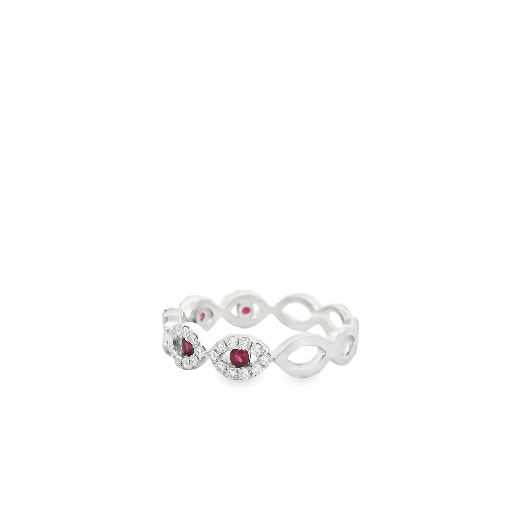 14K White Gold Band Gemstone Ring set with 5 Round Rubies, 0.18 ctw and 50 Round Diamonds, 0.33 ctw