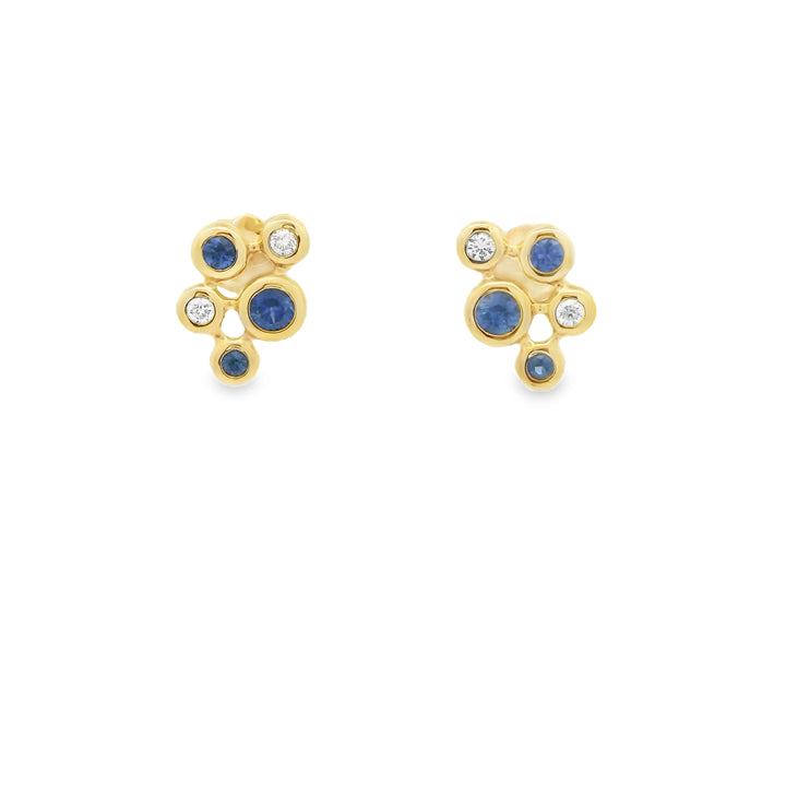 14K Yellow Gold Stud Earrings set with 6 Round Sapphires, 0.44 ctw. and 4 Round G/H SI1-SI2 Diamonds, 0.09 ctw