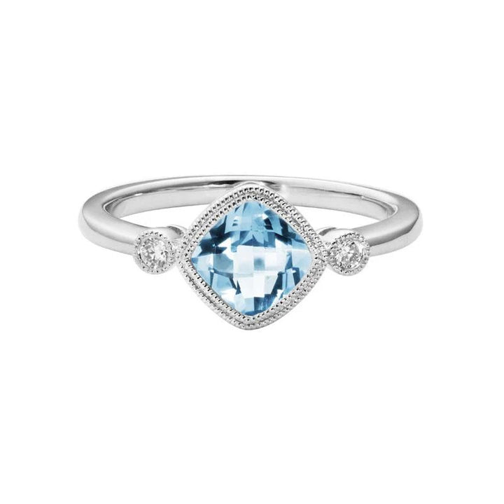14K White Gold Three Stone Milgrain Bezel Ring set with 1 Cushion Aquamarine, 0.90 ct and 2 Round Diamonds, 0.05 ctw