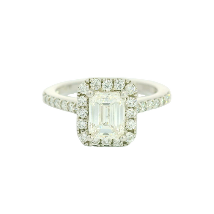 14K White Gold Halo Engagement Ring set with 1 1.00 ct Emerald Cut Diamond, F SI1, and 30 Round Diamonds, 0.43 ctw