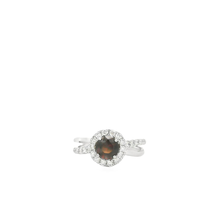 14K 14K White Gold Crossover Ring with 1 Round Garnet, 0.90 ct and 34 Round Diamonds, 0.49 ctw