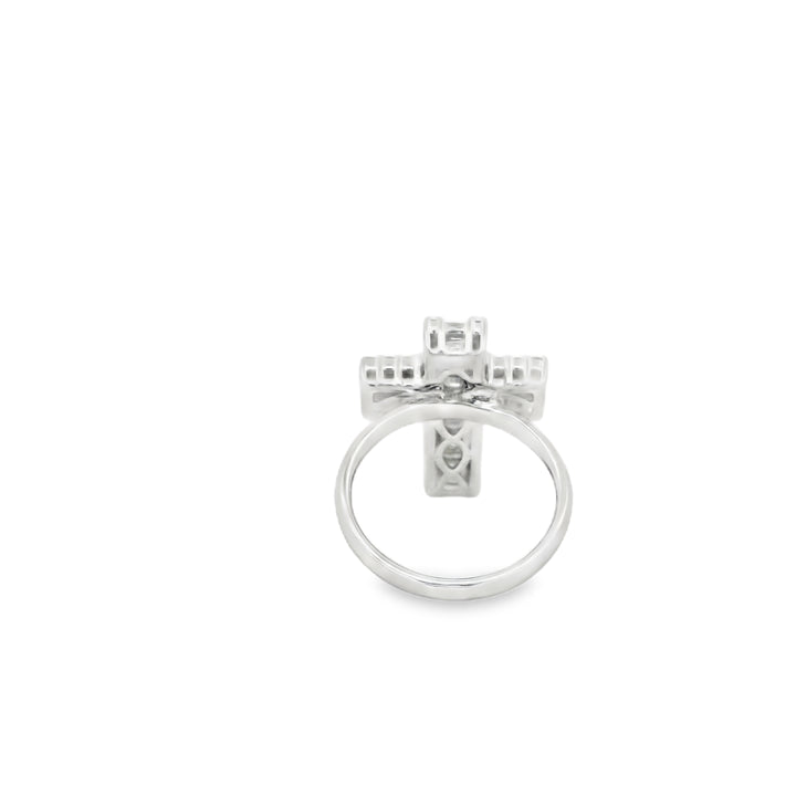 Estate 18K White Gold Cross Diamond Ring set with 38 Round Diamonds and 21 Baguette Diamonds, 0.82 ctw