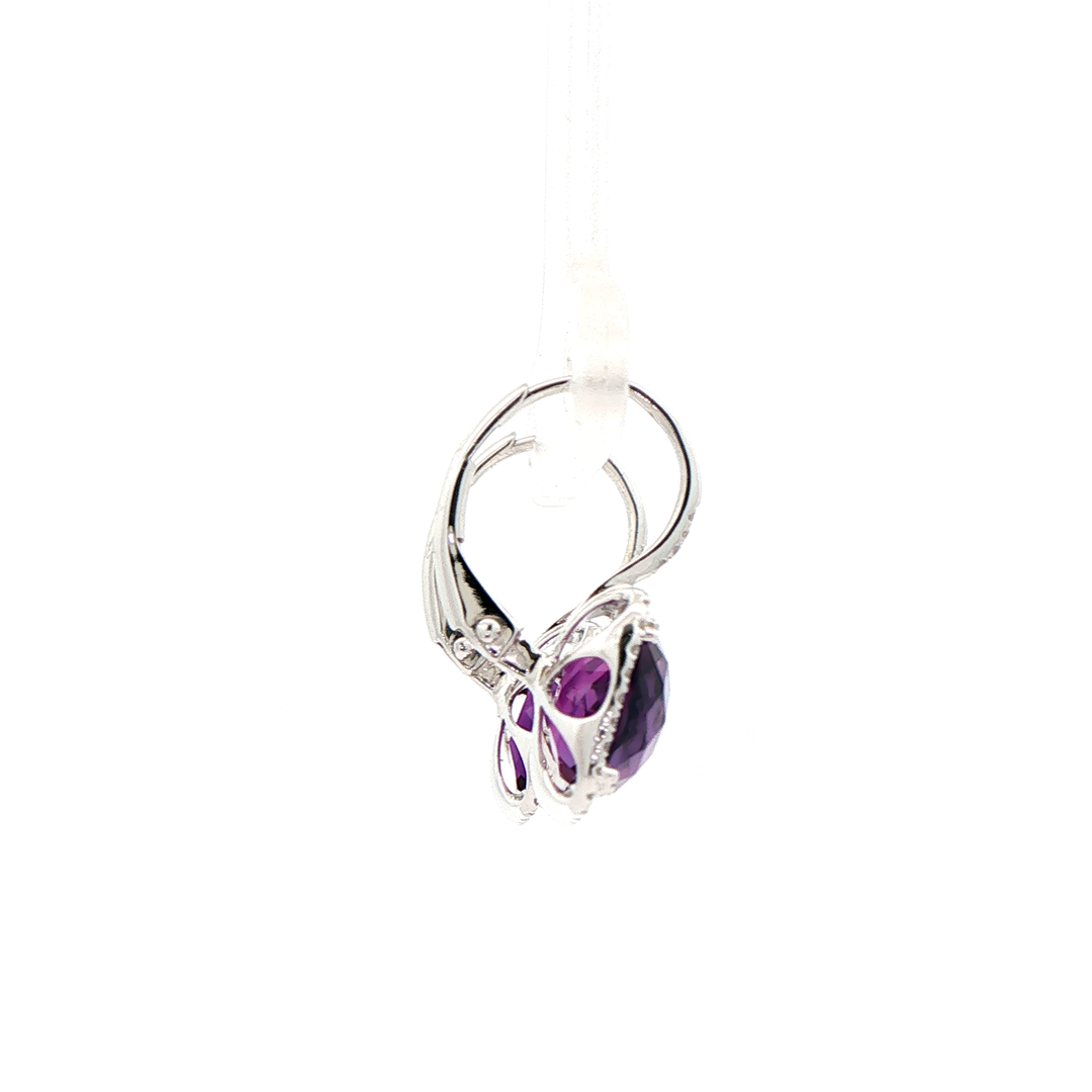 14K White Gold Dangle Earrings set with 2 Cushion cut Amethysts, ctw.