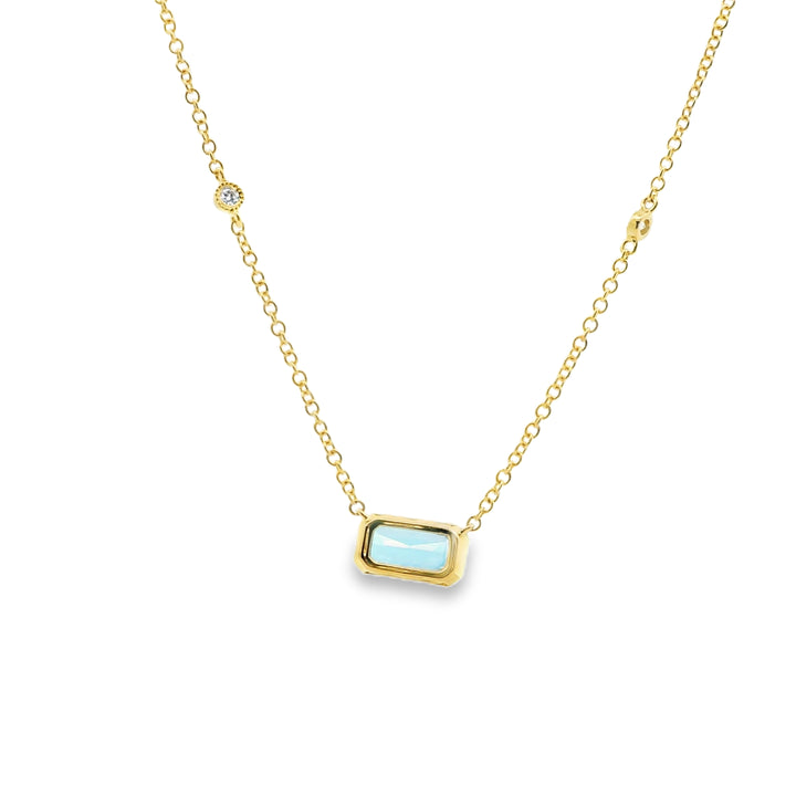 14K Yellow Gold Bezel Pendant with 1 Baguette Topaz, 1.07 ct and 6 Round Diamonds, 0.11 ctw on a 18 inch Cable Chain