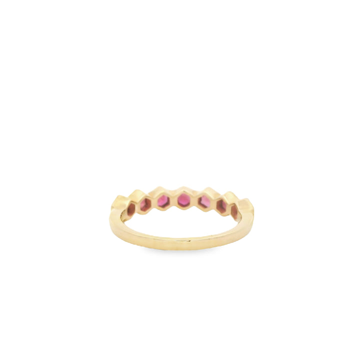 14K Yellow Gold Bezel Gemstone Ring set with 7 Hexagon Rubies, 1.01 ctw