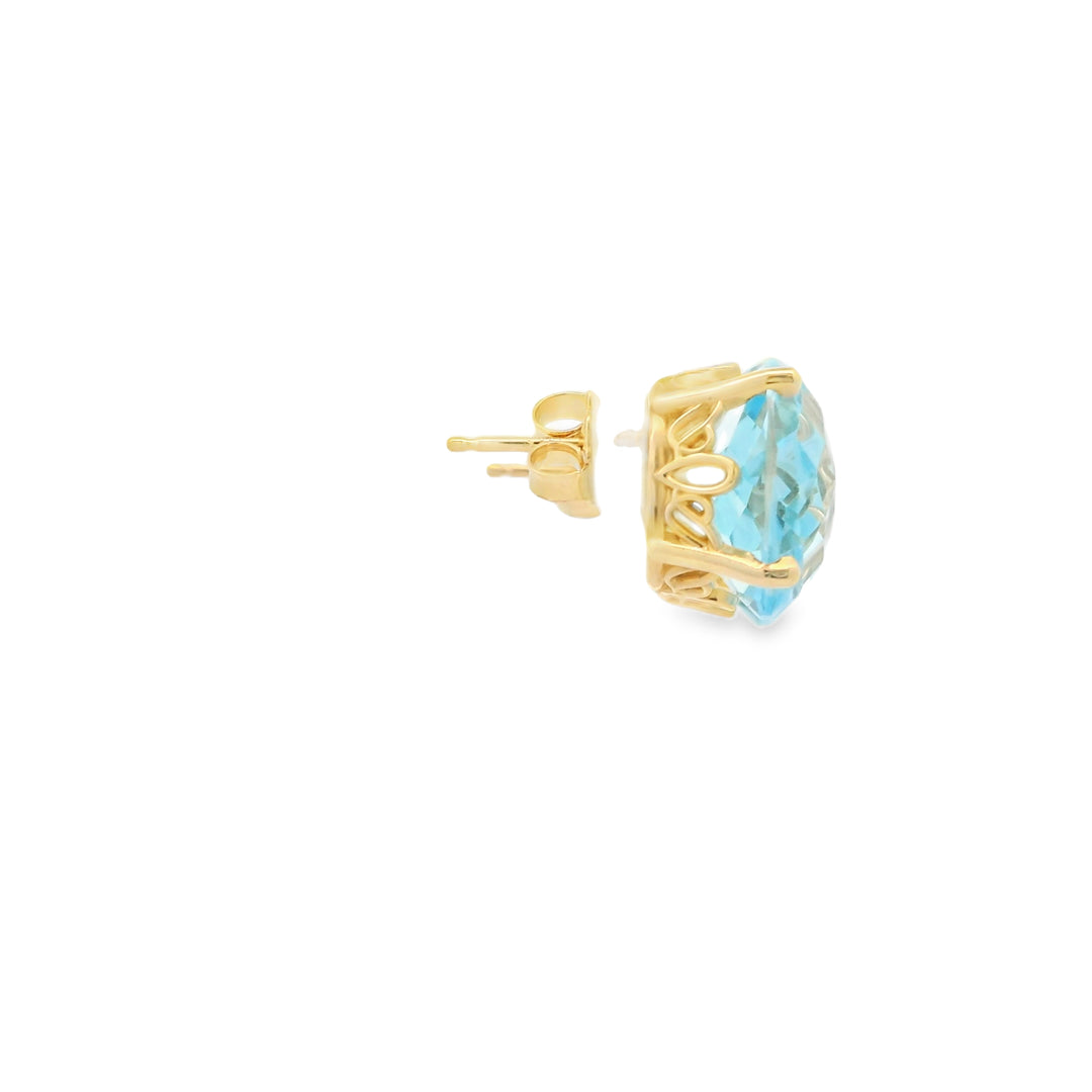 Estate 14K Yellow Gold Stud Earrings set with 2 Checkerboard Oval Blue Topaz, 12.00 ctw (estimated)