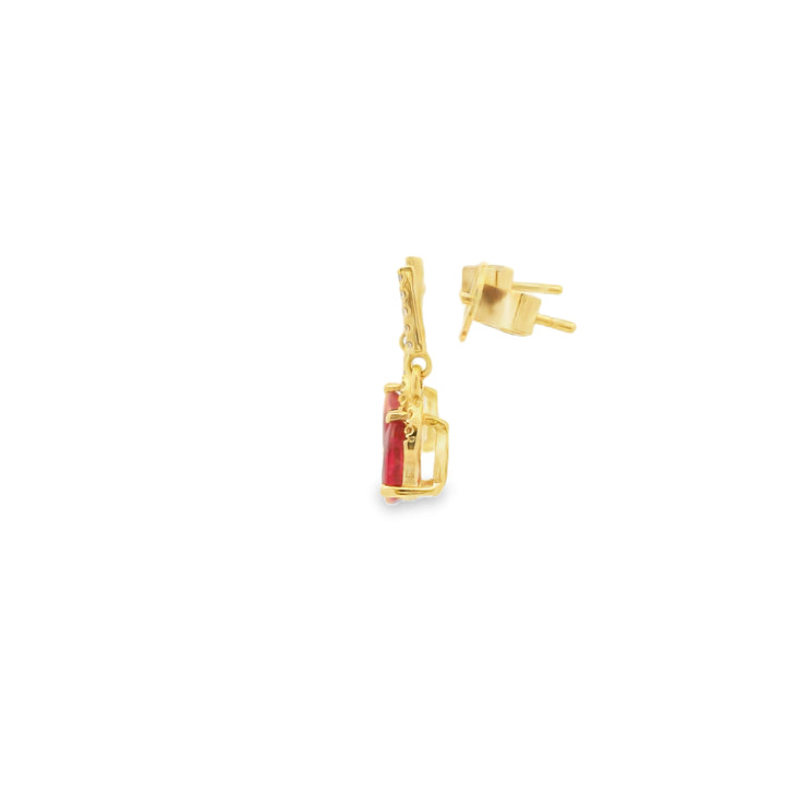 18K Yellow Gold Drop Earrings set with 2 Pear Rubies, 1.05 ctw and 20 Round Diamonds, 0.10 ctw