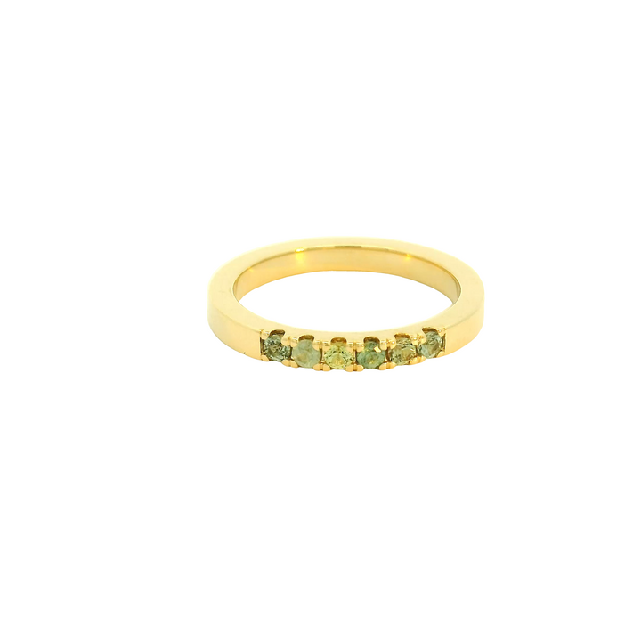Marthaler Made 14K Yellow Gold Band Gemstone Ring set with 6 Montana Sapphires total stone weight measures 0.3 ctw.