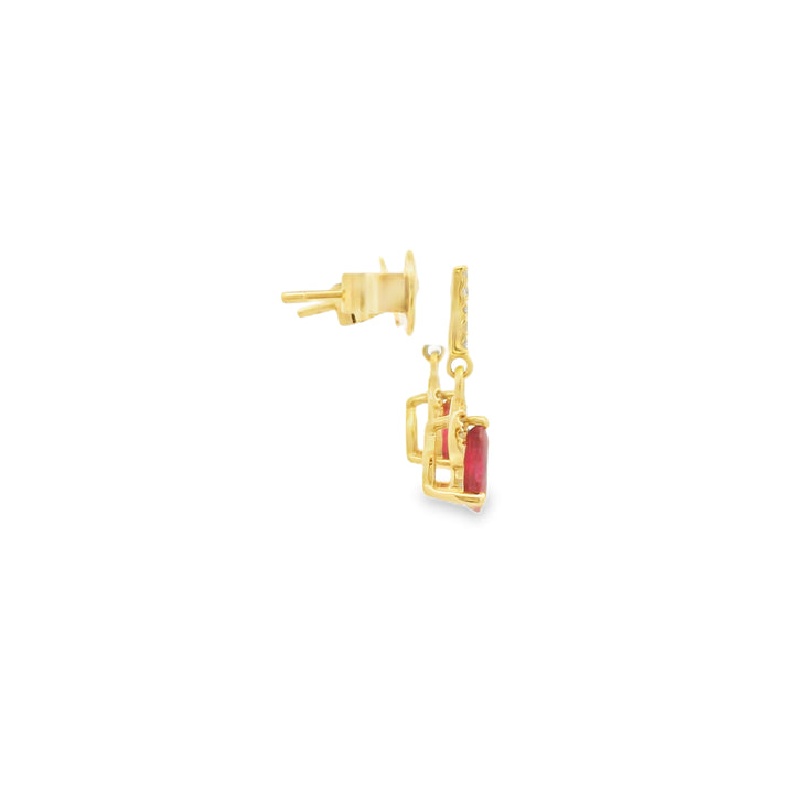 18K Yellow Gold Drop Earrings set with 2 Pear Rubies, 1.05 ctw and 20 Round Diamonds, 0.10 ctw
