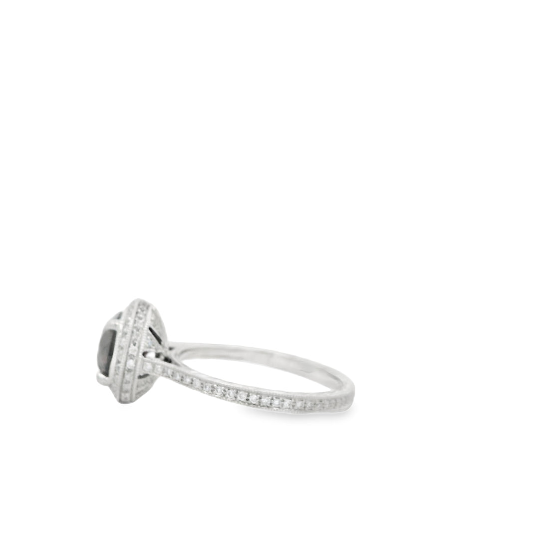 Platinum Halo Gemstone Ring set with 1 Zircon, 2.20 ctw., and 116 Round G/H SI Diamonds, 0.37 ctw., total stone weight measures 2.57 ctw.