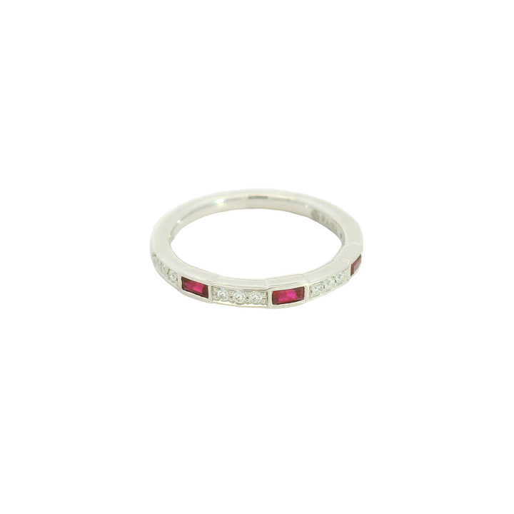 14K White Gold Band Gemstone Ring set with 3 Baguette Rubies 0.27 ctw and 12 G/H SI Diamonds, 0.12 ctw.  total stone weight measures 0.39 ctw.