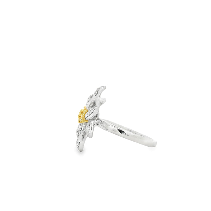 18K Two Tone Flower Diamond Fashion Ring set with 7 Round Fancy Intense Yellow Diamonds, 0.18 ctw and 119 Round Diamonds, 0.66 ctw