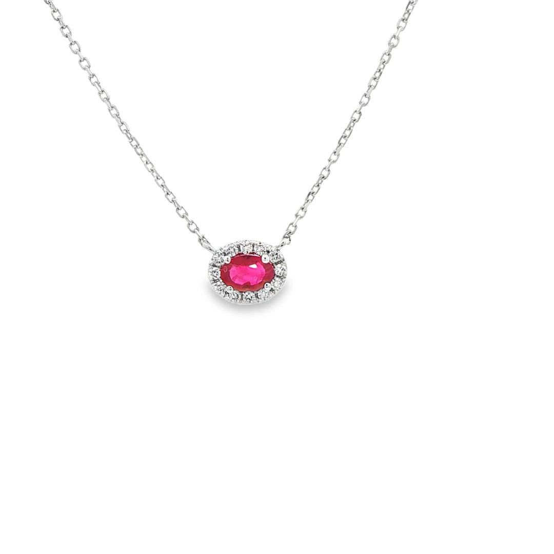 14K White Gold Halo Pendant with 1 Oval Ruby, 0.44 ct and 12 Round Diamonds, 0.14 ctw on a 16 inch Cable Chain