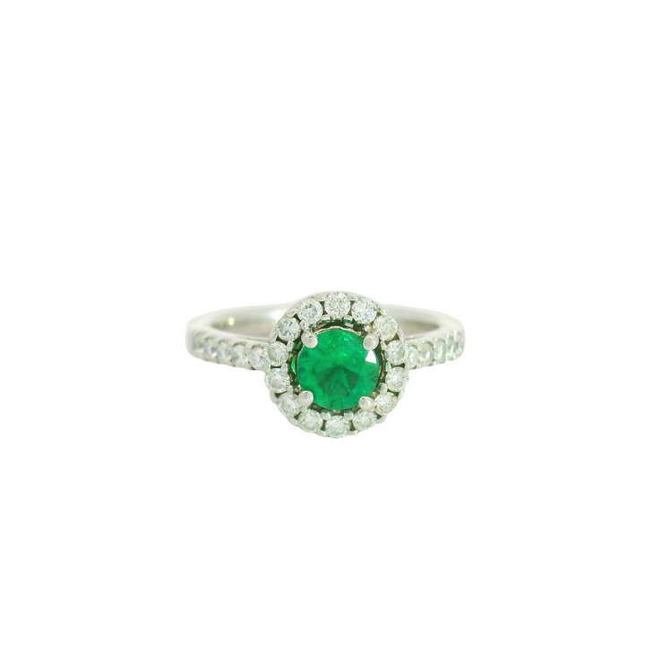 18K White Gold Estate Halo Gemstone Ring set with 1 Emerald, 0.50 ctw and 24 H/I, SI Diamonds 0.42 ctw,  total stone weight measures 0.92 ctw..