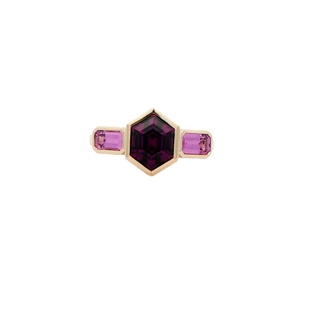 Marthaler Made 14K Yellow Gold Three Stone Ring with 1 Hexagon Garnet (Mozambique, No heat), 2.30 ct and 2 Emerald Cut Sapphires, 1.00 ctw
