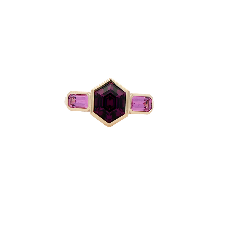 Marthaler Made 14K Yellow Gold Three Stone Ring with 1 Hexagon Garnet (Mozambique, No heat), 2.30 ct and 2 Emerald Cut Sapphires, 1.00 ctw