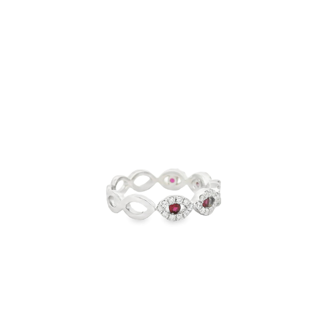 14K White Gold Band Gemstone Ring set with 5 Round Rubies, 0.18 ctw and 50 Round Diamonds, 0.33 ctw