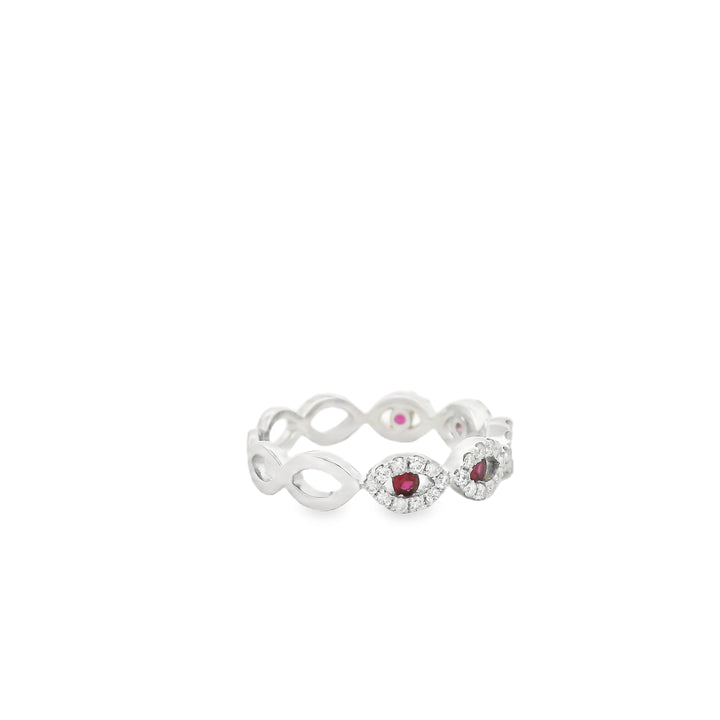 14K White Gold Band Gemstone Ring set with 5 Round Rubies, 0.18 ctw and 50 Round Diamonds, 0.33 ctw