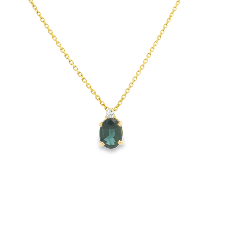 Estate 14K Yellow Gold Pendant with 1 Oval Sapphire, 1.10 ct and 1 Round Diamond, 0.03 ct on a 18 inch Cable Chain