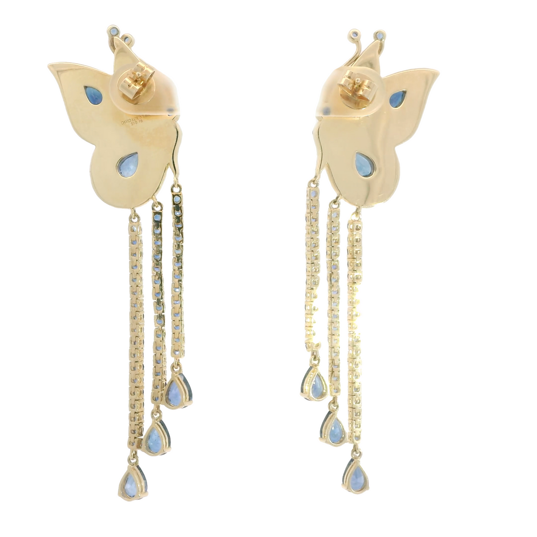 14K Yellow Gold Butterfly Earrings set with 436 Various Shapes Sapphires, 10.77 ctw.