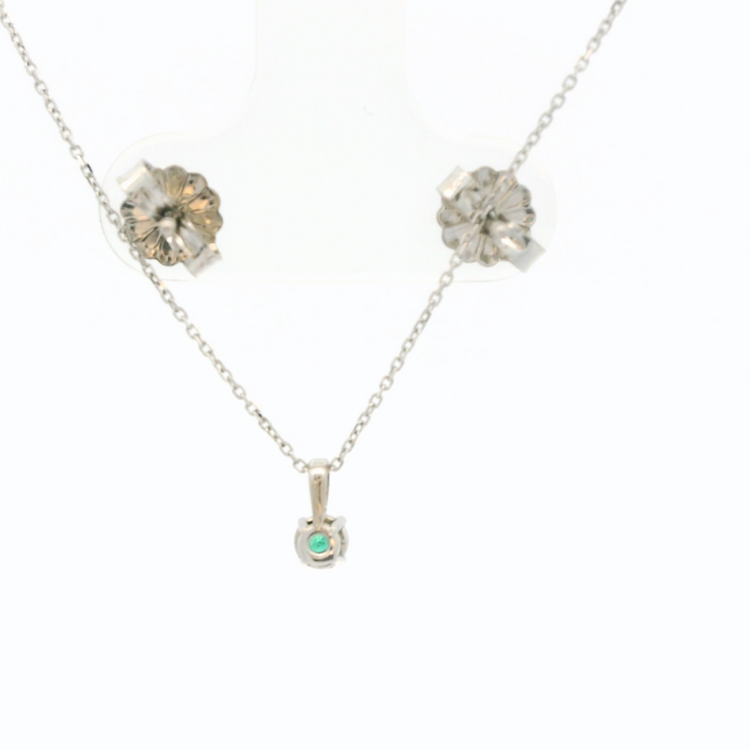 Marthaler Made Solitaire Stud Earrings in 14K White Gold with 2 Round Emeralds, 0.18 ctw and Solitaire Pendant in 14K White Gold with 1 Round Emerald, 0.09 ct on a 18 inch Cable Chain