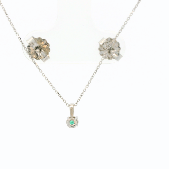 Marthaler Made Solitaire Stud Earrings in 14K White Gold with 2 Round Emeralds, 0.18 ctw and Solitaire Pendant in 14K White Gold with 1 Round Emerald, 0.09 ct on a 18 inch Cable Chain