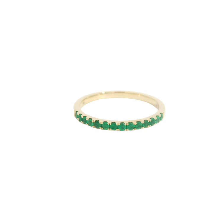 14K Yellow Gold Band Gemstone Ring set with 14 Emeralds total stone weight measures 0.22 ctw.