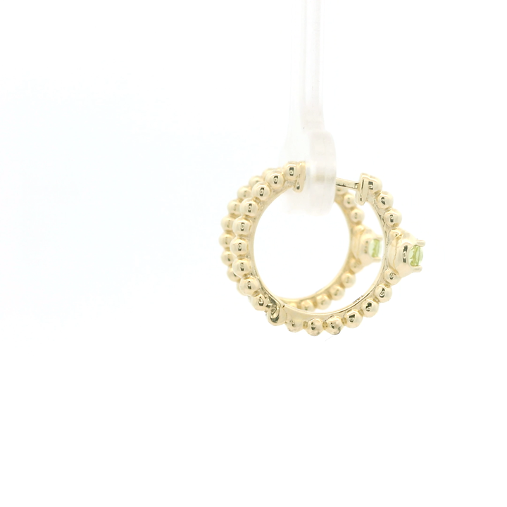 14K Yellow Gold Beaded Hoop Earrings set with 2 Round Peridot, 0.23 ctw