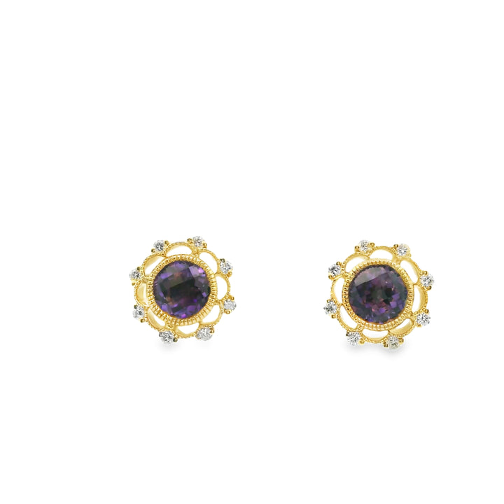 14K Yellow Gold Stud Earrings set with 2 Round Amethysts, 0.93 ctw and 16 Round Diamonds, 0.13 ctw