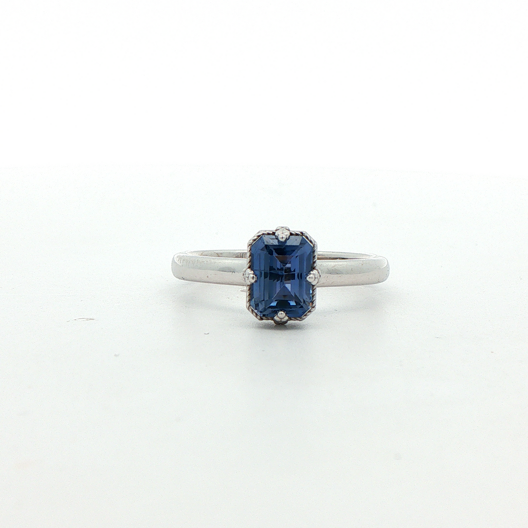 Marthaler Made 14K White Gold Solitaire Ring with 1 Emerald Cut Sapphire, 1.25 ct