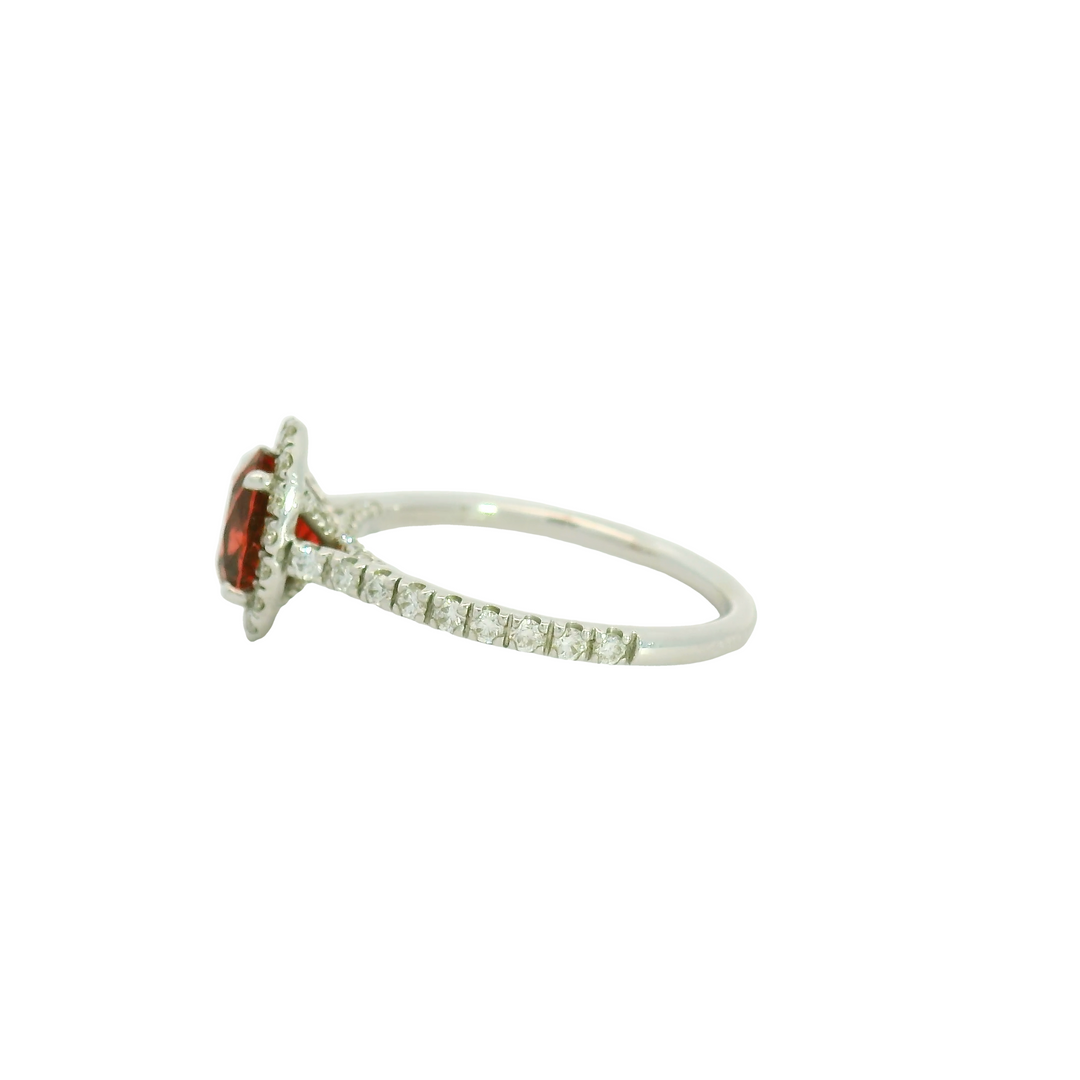18K White Gold Estate Halo Gemstone Ring set with 1 Spinel 1.30  ctw, and 57 Round G/H SI Diamonds, 0.45 ctw,  total stone weight measures 1.75 ctw.