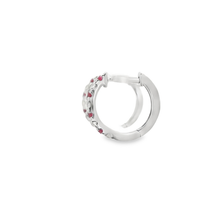 14K White Gold Huggie Earrings set with 8 Round Rubies, 0.33 ctw. and 8 G/H SI1-SI2 Diamonds 0.14 ctw.