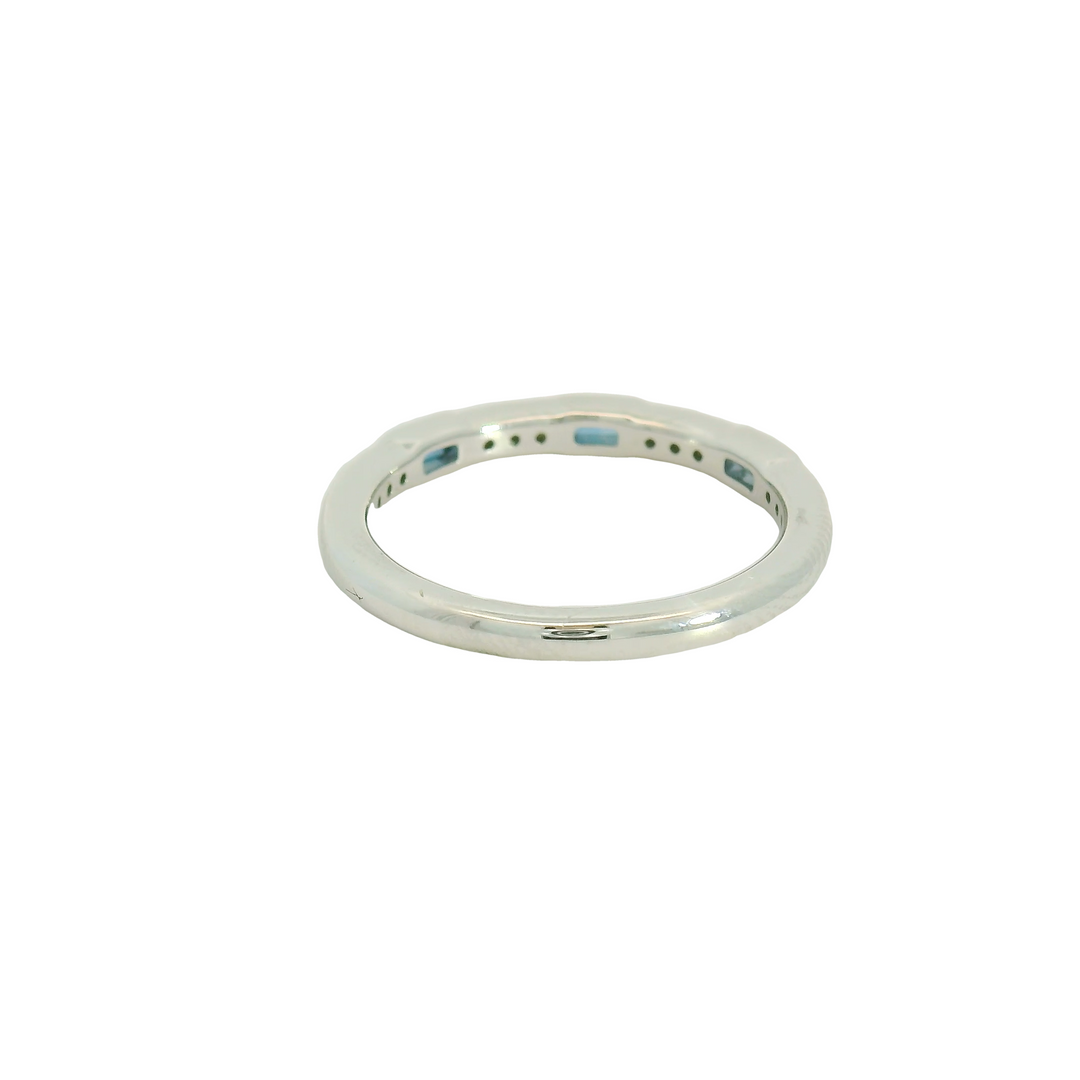 14K White Gold Band Gemstone Ring set with 3 Baguette Sapphires, 0.27 ctw, and 12 G/H SI Diamonds, 012 ctw.,  total stone weight measures 0.39 ctw.