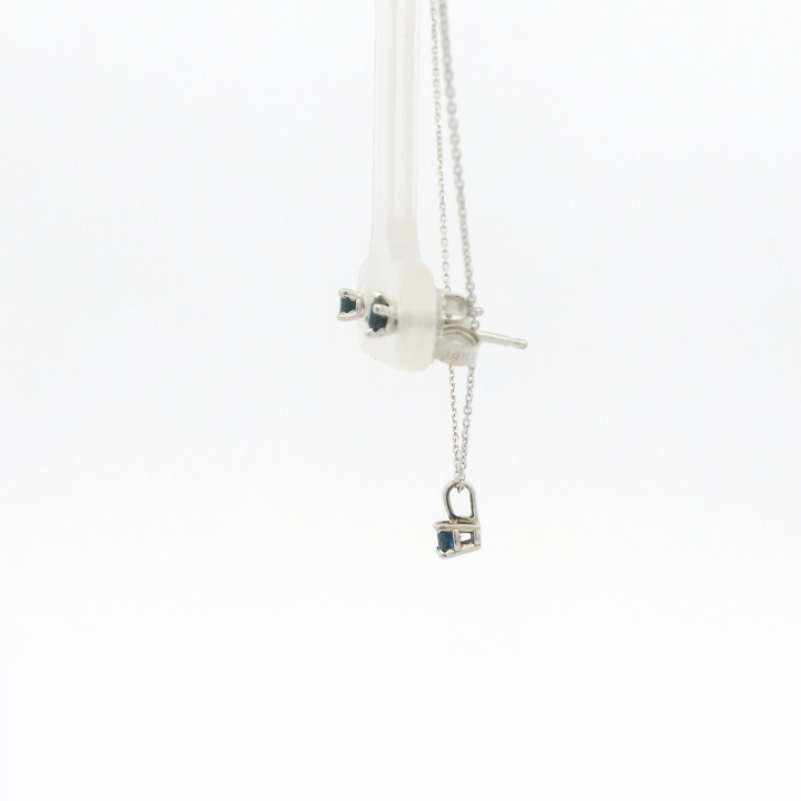 Marthaler Made Solitaire Stud Earrings in 14K White Gold with 2 Round Sapphires, 0.24 ctw and Solitaire Pendant in 14K White Gold with 1 Round Sapphire, 0.12 ct on a 18 inch Cable Chain