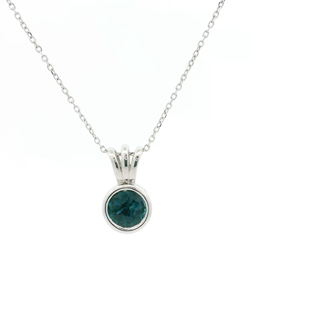 Marthaler Made 14K White Gold Solitaire Pendant with 1 Round Sapphire (Montana), 1.05 ct on a 18 inch Cable Chain