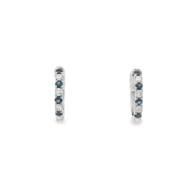 14K White Gold Huggie Earrings set with 8 Round Sapphires, 0.34 ctw. and 8 G/H Si1-SI2 Diamonds 0.14 ctw.